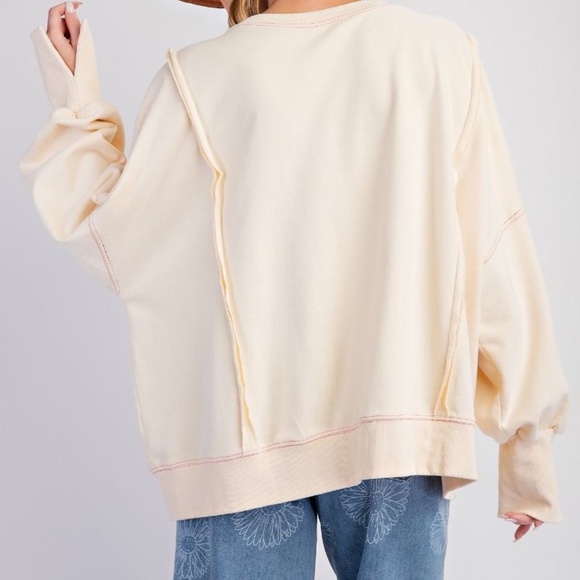 New Easel LOVE Pullover Oversized Sweatshirt Knit Patches Plus Size Top Cream - Picture 5 of 12